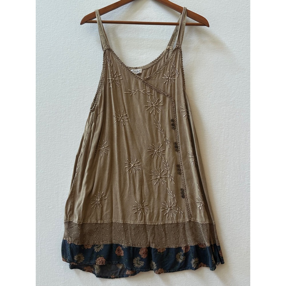 Daisy Island Boho Embroidered Mini Dress Brown Floral Rayon Sleeveless Large
